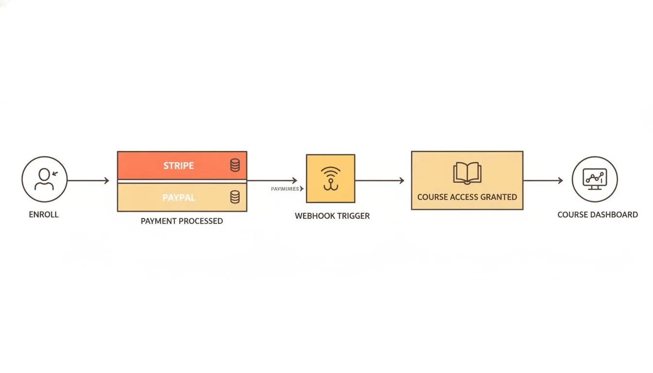 A simple flow diagram showing a student clicking 'Enroll', money passing through a payment processor (Stripe or PayPal shown as labeled boxes), a webhook triggering course access, and the student land