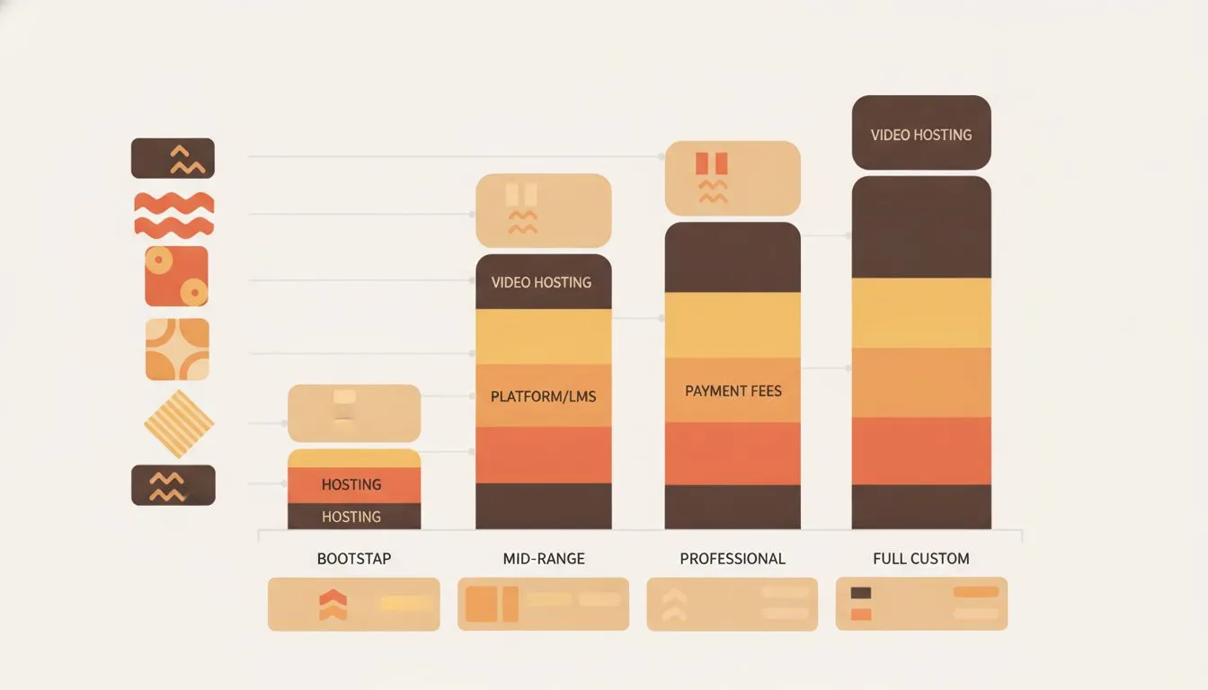 A stacked bar chart or itemized cost breakdown showing realistic first-year costs across four budget tiers (bootstrap, mid-range, professional, full custom) with line items for domain, hosting, platfo