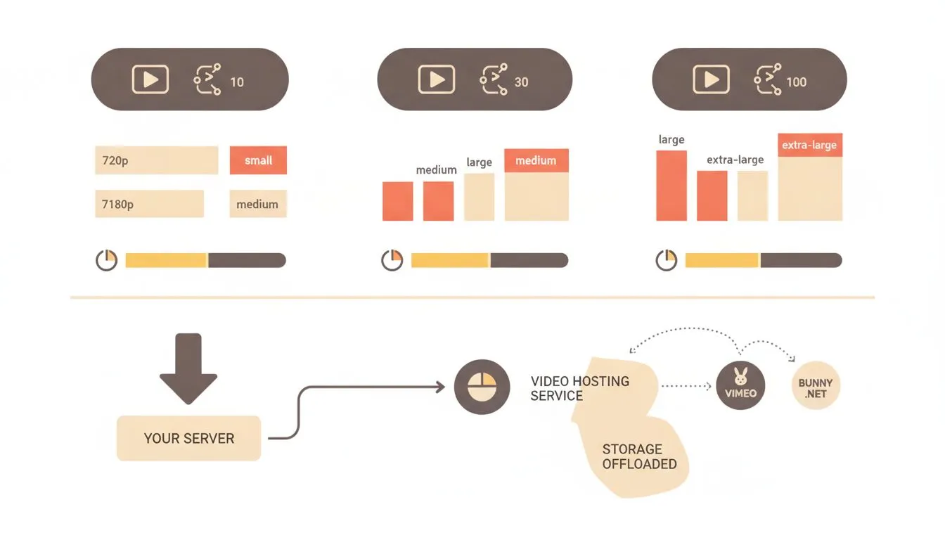 A visual comparison table showing three course sizes (10 videos, 30 videos, 100 videos) with estimated file sizes at 720p and 1080p, a storage meter bar for each, and a note showing how video hosting 