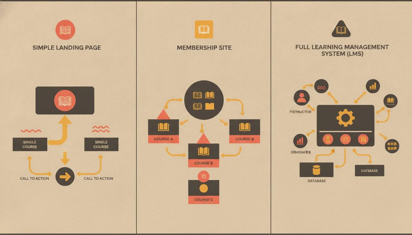 A side-by-side comparison of three course website types: a simple landing page with a single course, a membership site with multiple courses, and a full learning management system with students, grade