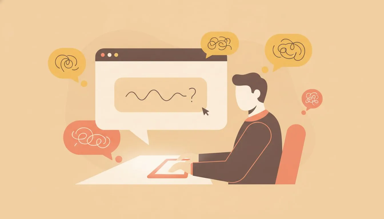 a clean conceptual illustration of a person typing a conversational question into a chat interface, with example customer-style queries floating around the screen such as 'best plumber near me' and 'w