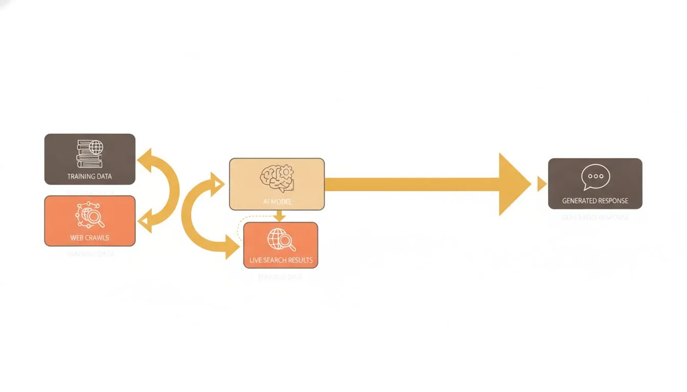 a flow diagram showing how AI assistants source their answers: training data and web crawls feed into a model, which optionally retrieves live search results, and then generates a response - with labe
