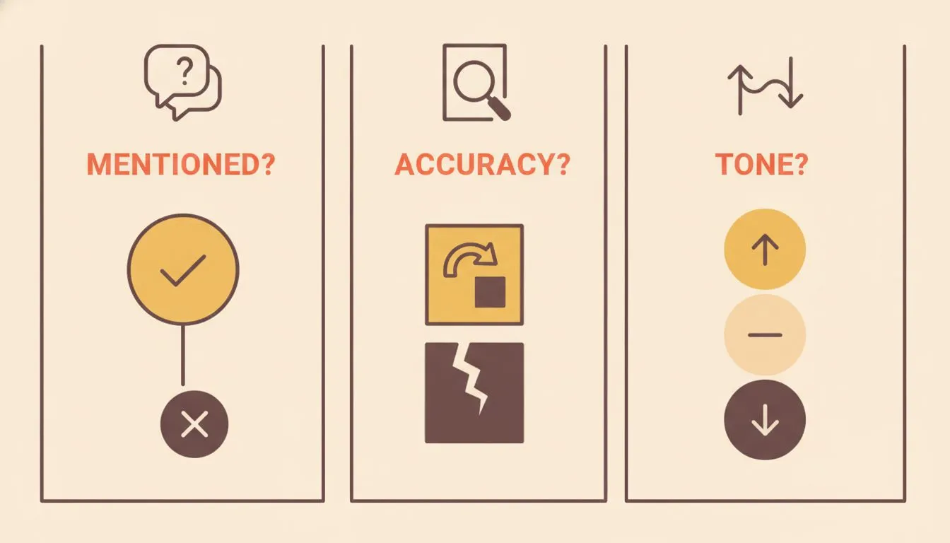 a simple three-column infographic showing the three things to look for: (1) whether the business is mentioned at all, (2) whether the details are accurate, and (3) whether the tone is positive, neutra