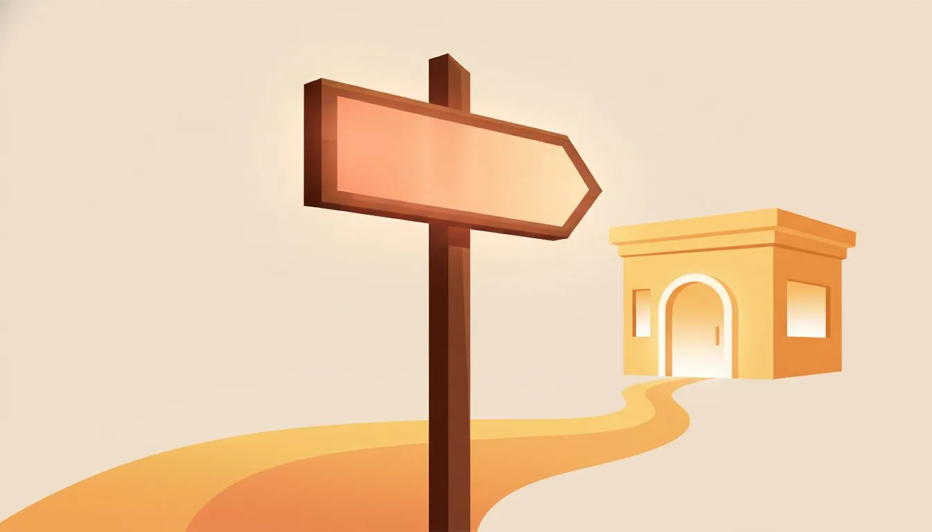 a clean conceptual illustration of a signpost with a website URL glowing on it, guiding visitors toward a storefront