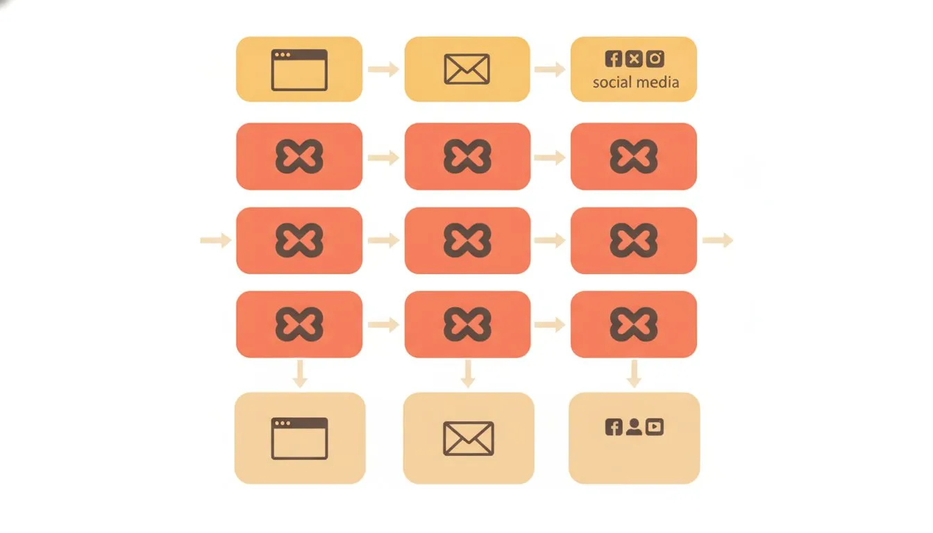 a simple grid showing one brand name repeated consistently across a website, email, and social media icons