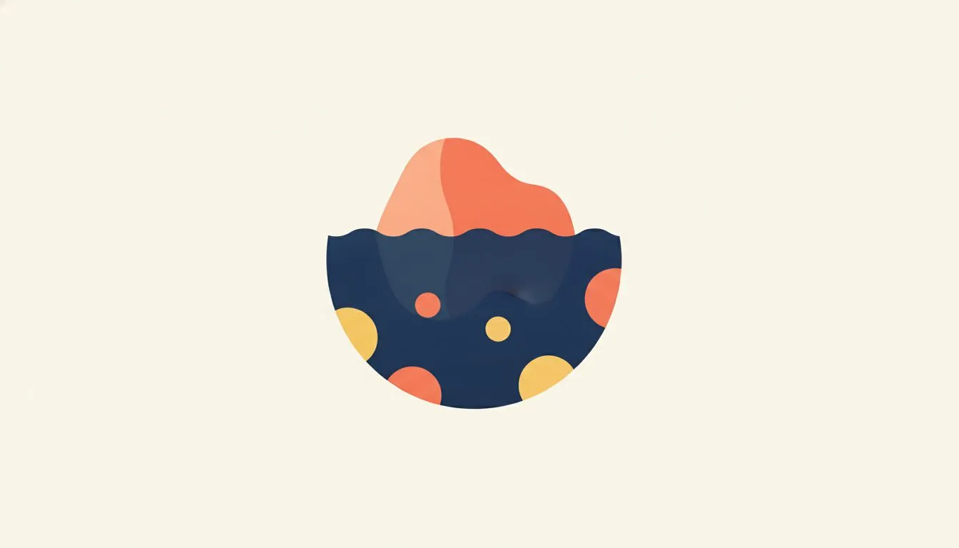 flat modern editorial vector illustration, an iceberg shape with a small visible portion above a waterline and a much larger mass below, clean and geometric rather than realistic, soft rounded shapes,