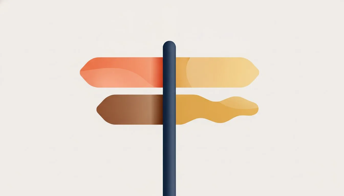 flat modern editorial vector illustration, four simple signpost arrows pointing in different directions from a single post, each a slightly different shape, soft rounded shapes, generous white space,