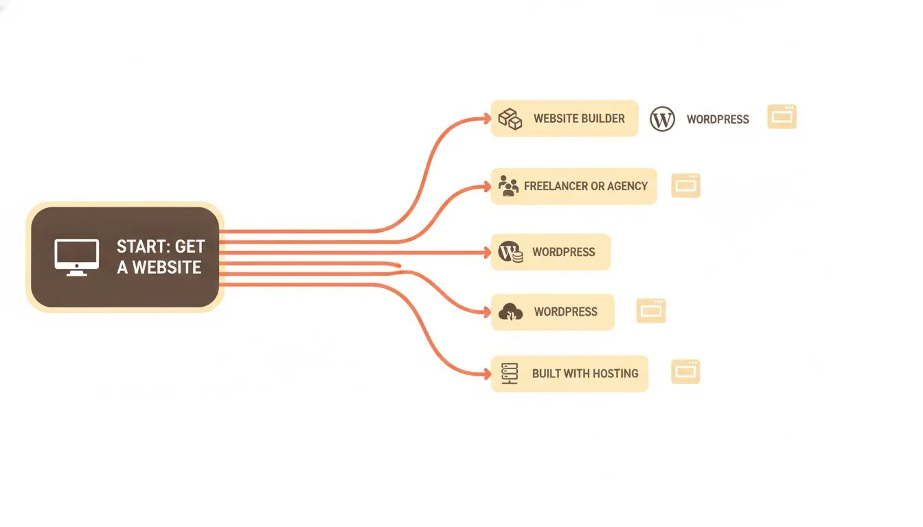 four labelled paths branching from a single starting point marked 'get a website', each path ending in a small website icon, labels reading website builder, WordPress, freelancer or agency, built with