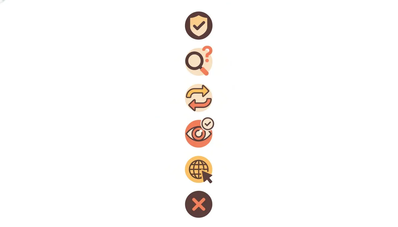 a clean numbered vertical checklist of six steps for switching web hosts, with small simple icons beside each - a backup shield, a magnifying glass for choosing, a copy arrow for migration, an eye for