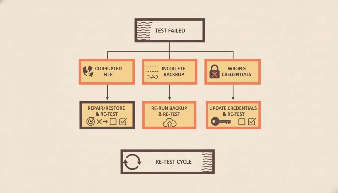a decision-tree infographic showing what to do when a backup test fails: starting node 'Test failed' branching into causes such as corrupted file, incomplete backup, and wrong credentials, each leadin