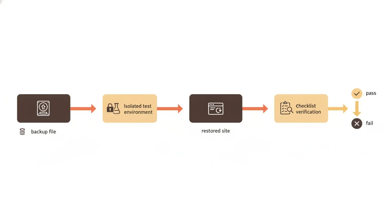 a step-by-step diagram showing the monthly sample restore process: backup file → isolated test environment → restored site → checklist verification → pass or fail outcome, connected by arrows in a lin