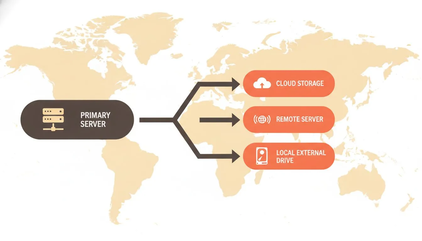 an architecture diagram showing a primary server and three offsite storage locations (cloud storage, remote server, local external drive) connected by arrows, with a geographic map outline in the back