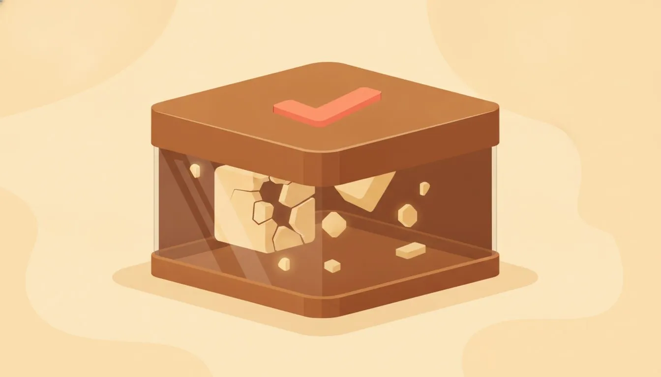 a clean conceptual illustration of a backup file that appears intact on the outside but is corrupted or empty on the inside, shown as a box with a checkmark on the lid but broken contents visible thro