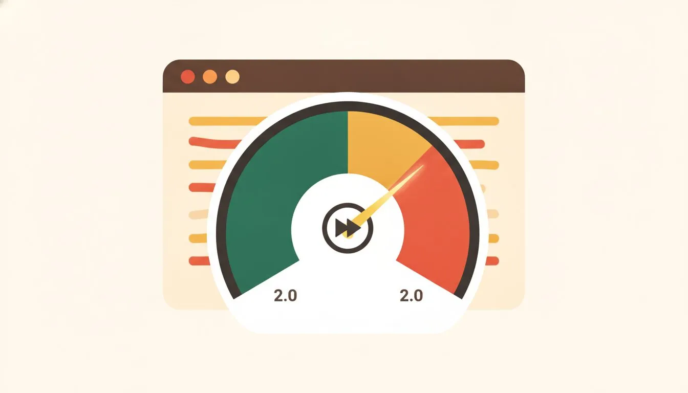 a clean speedometer-style graphic showing a page load time of 2.0 seconds sitting inside a green 'good' zone that ends at 2.5 seconds, with a small browser window loading in the background