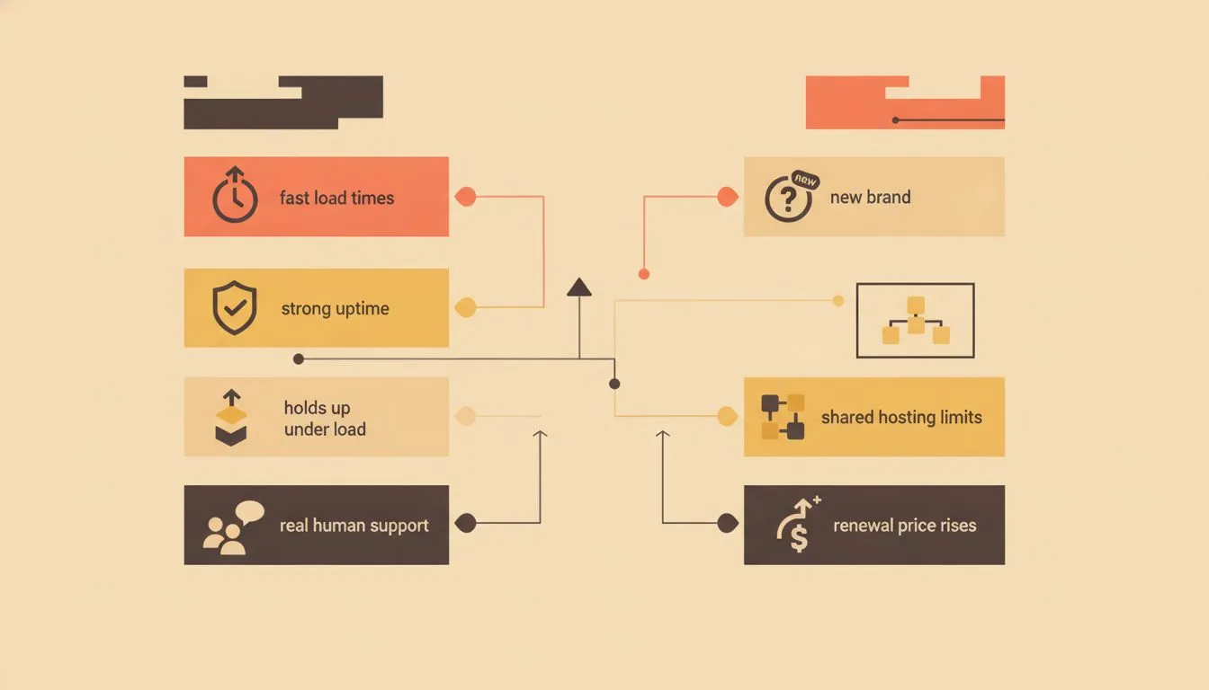 a simple two-column layout labeled 'Strengths' and 'Honest limits', the left column listing fast load times, strong uptime, holds up under load, real human support; the right column listing new brand,