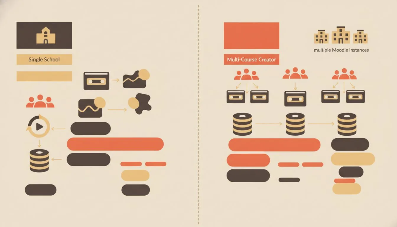 a side-by-side comparison infographic showing storage and site count scenarios: a single small school with estimated file sizes versus a multi-course creator with several Moodle instances, using simpl