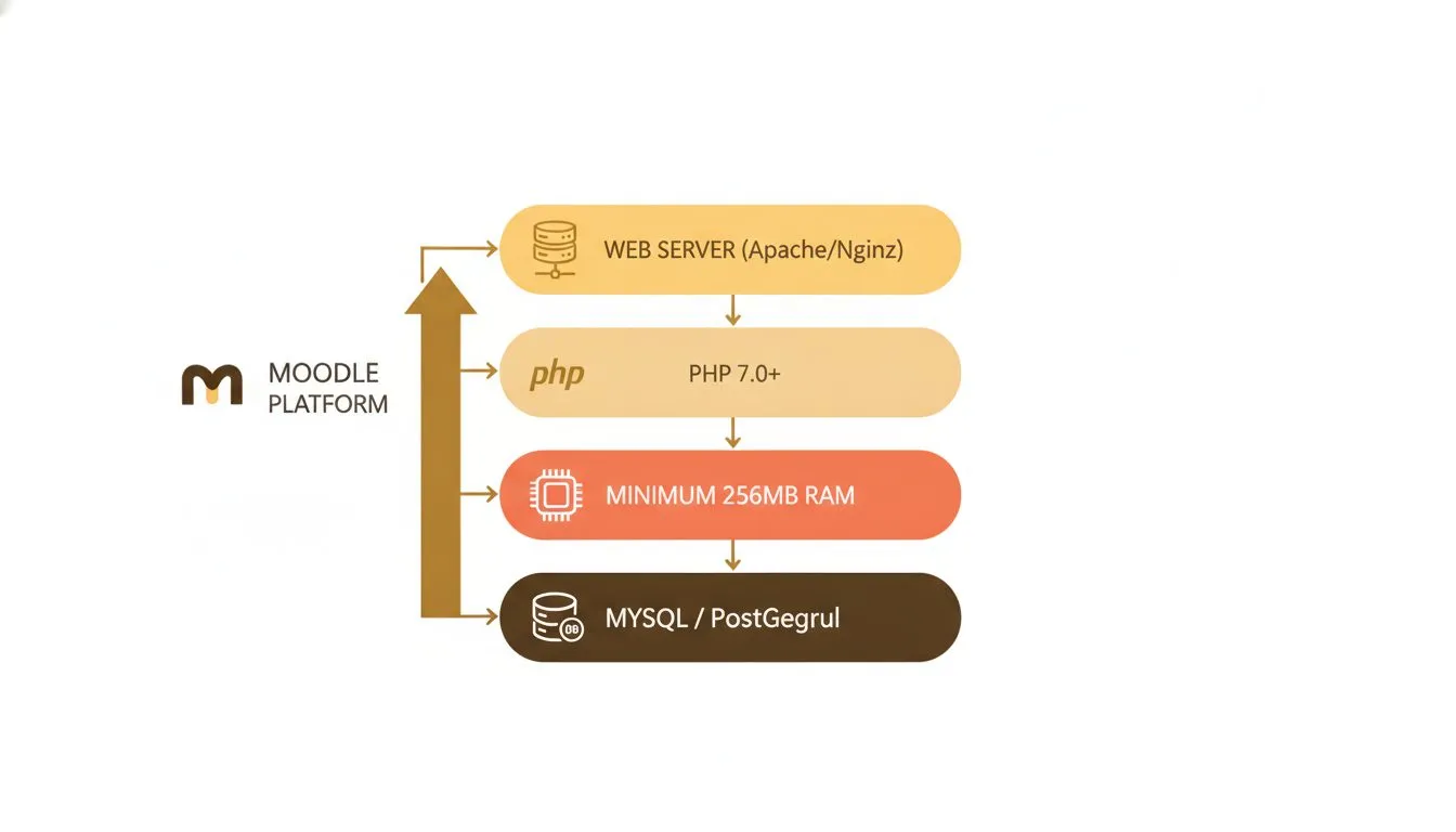 a layered server architecture diagram showing Moodle's core technical requirements: PHP version, MySQL/PostgreSQL database, minimum RAM, and web server (Apache/Nginx) stacked as labeled tiers with ico