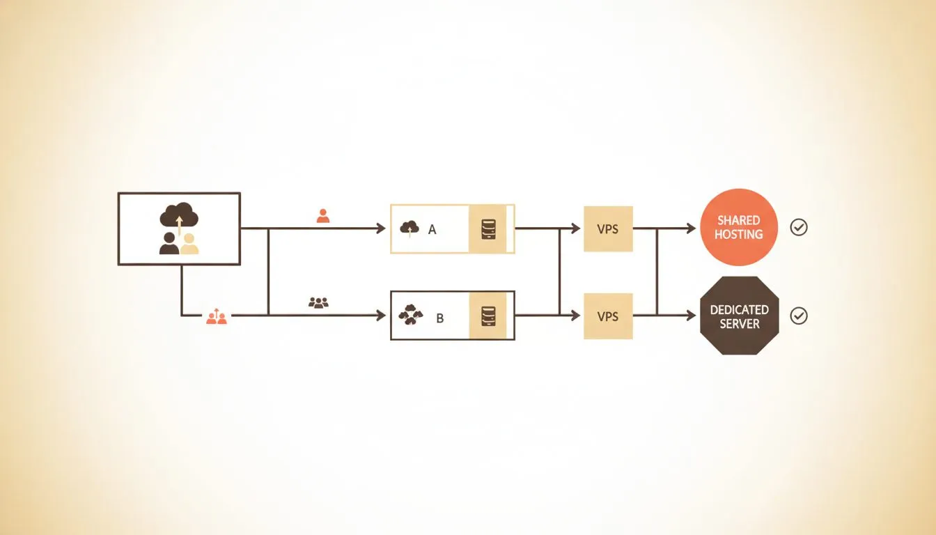 a decision-tree diagram guiding readers from their user count and storage needs through shared hosting, VPS, and dedicated server options, with labeled branches and a recommended plan at each endpoint