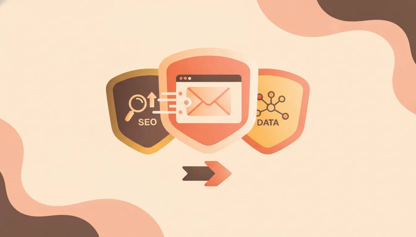 a clean conceptual illustration of three protective shields labeled email, SEO, and data guarding a website during a move