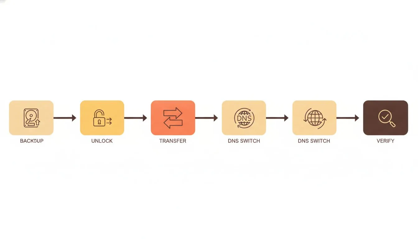 a clean step-by-step diagram of domain migration showing backup, unlock, transfer, DNS switch, and verify stages connected by arrows