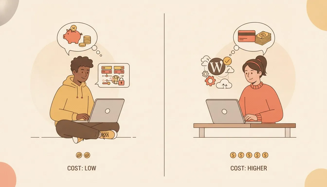 A side-by-side split illustration of two students at laptops: on the left a student with a tight budget choosing shared hosting and a free subdomain, on the right a student with more budget selecting