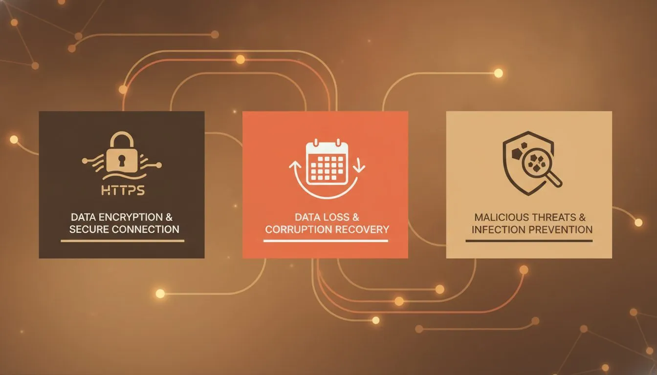 A three-panel infographic with icons for SSL (padlock with HTTPS label), automated backups (calendar with a circular arrow), and malware scanning (shield with a magnifying glass), each with a one-line