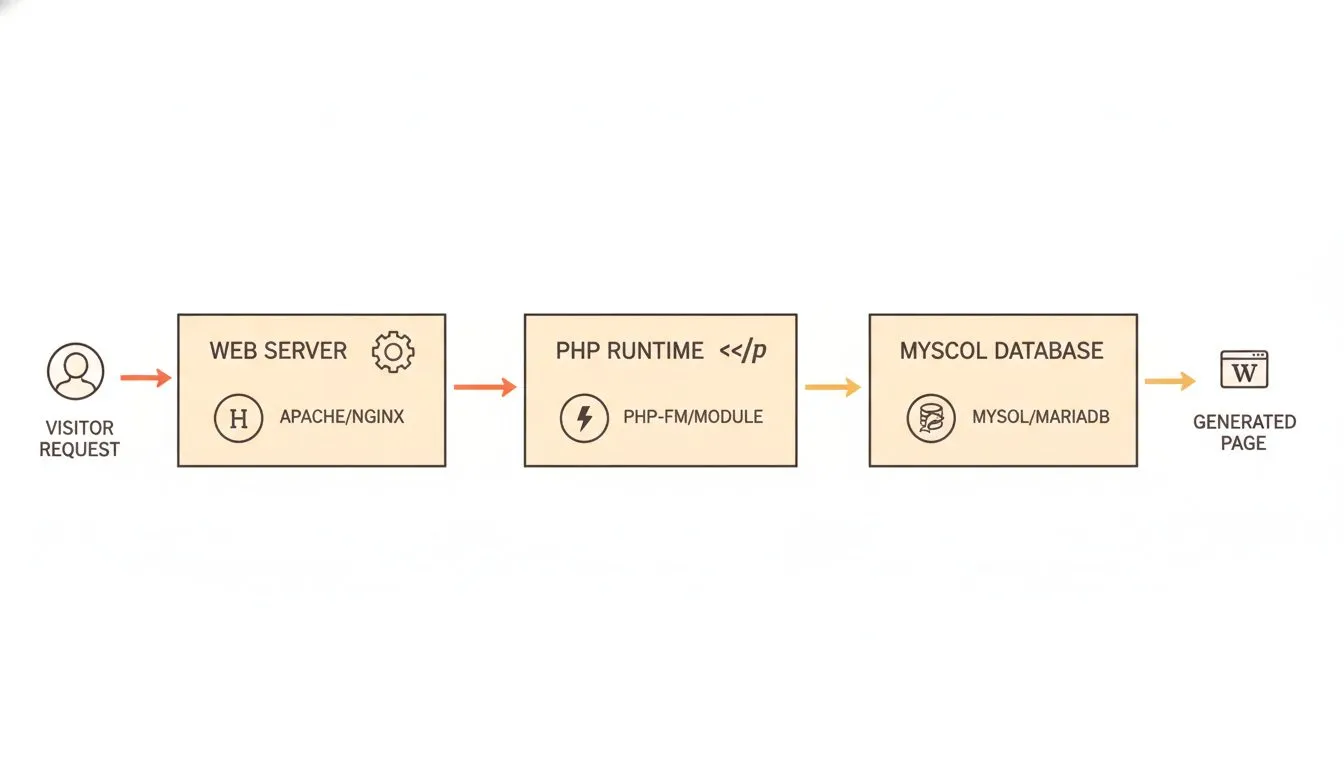 A simple architecture diagram showing the components WordPress needs: a web server, a PHP runtime, and a MySQL database, with arrows showing how a visitor request flows through each layer