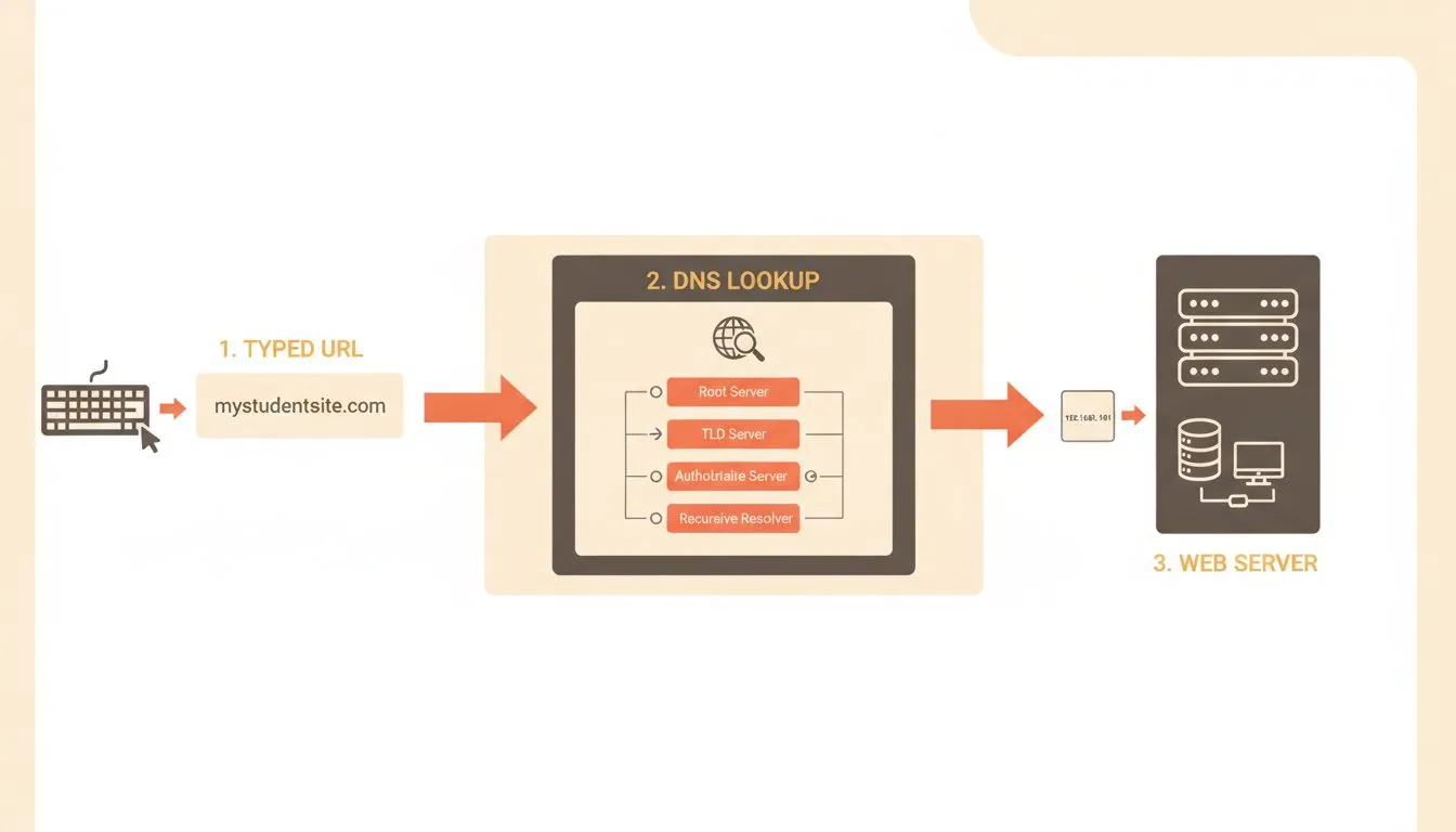 A layered diagram showing the journey from a typed URL (e.g. mystudentsite.com) through DNS lookup to an IP address and finally to a web server, with each step labeled clearly