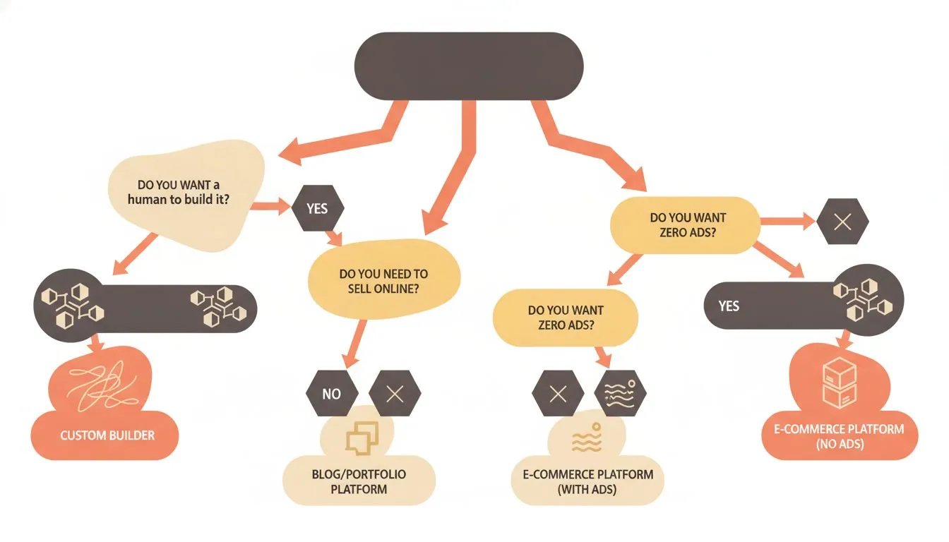 A decision-tree infographic helping readers choose the right platform based on three questions: Do you want a human to build it? Do you need to sell online? Do you want zero ads? - with branching path