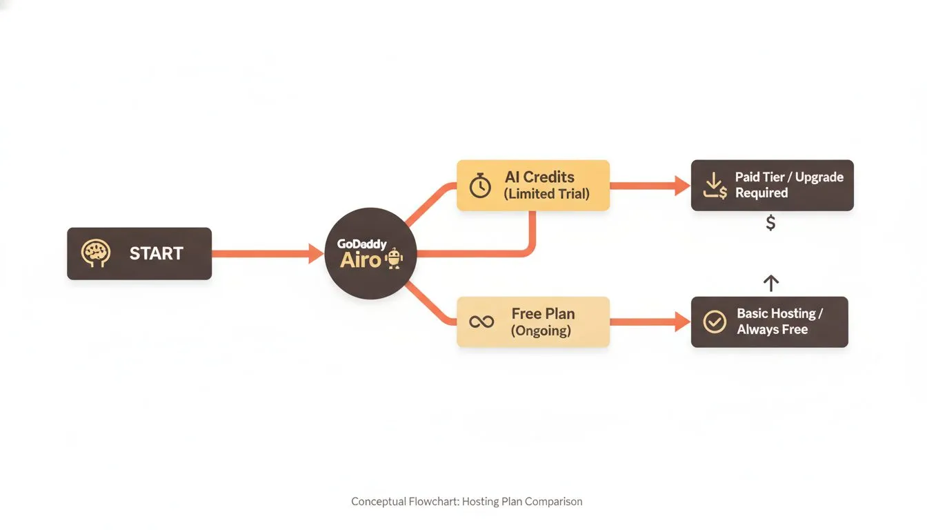 A simple flowchart diagram contrasting GoDaddy Airo's 'free AI credits' model versus a genuinely free hosting plan - showing two diverging paths: one labeled 'AI credits (limited trial)' and another l