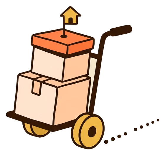 Hand-drawn hand truck carrying two boxes with a small house flag on top - a website on the move
