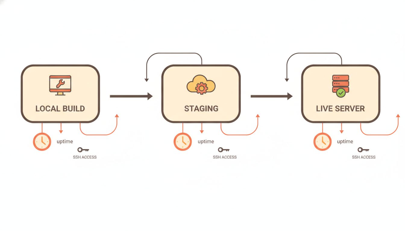a clean technical diagram showing a developer's workflow from local build to staging to live server, with uptime and SSH access highlighted at each stage