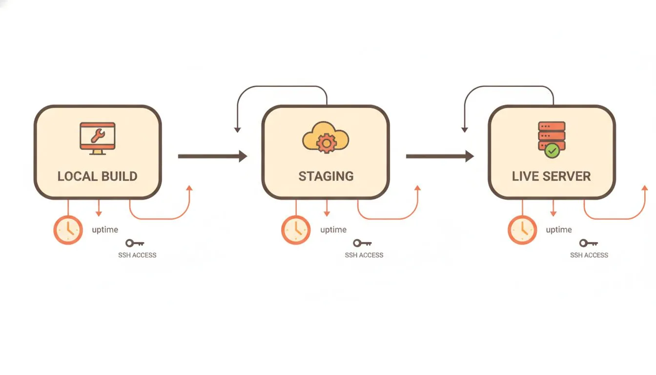 a clean technical diagram showing a developer's workflow from local build to staging to live server, with uptime and SSH access highlighted at each stage