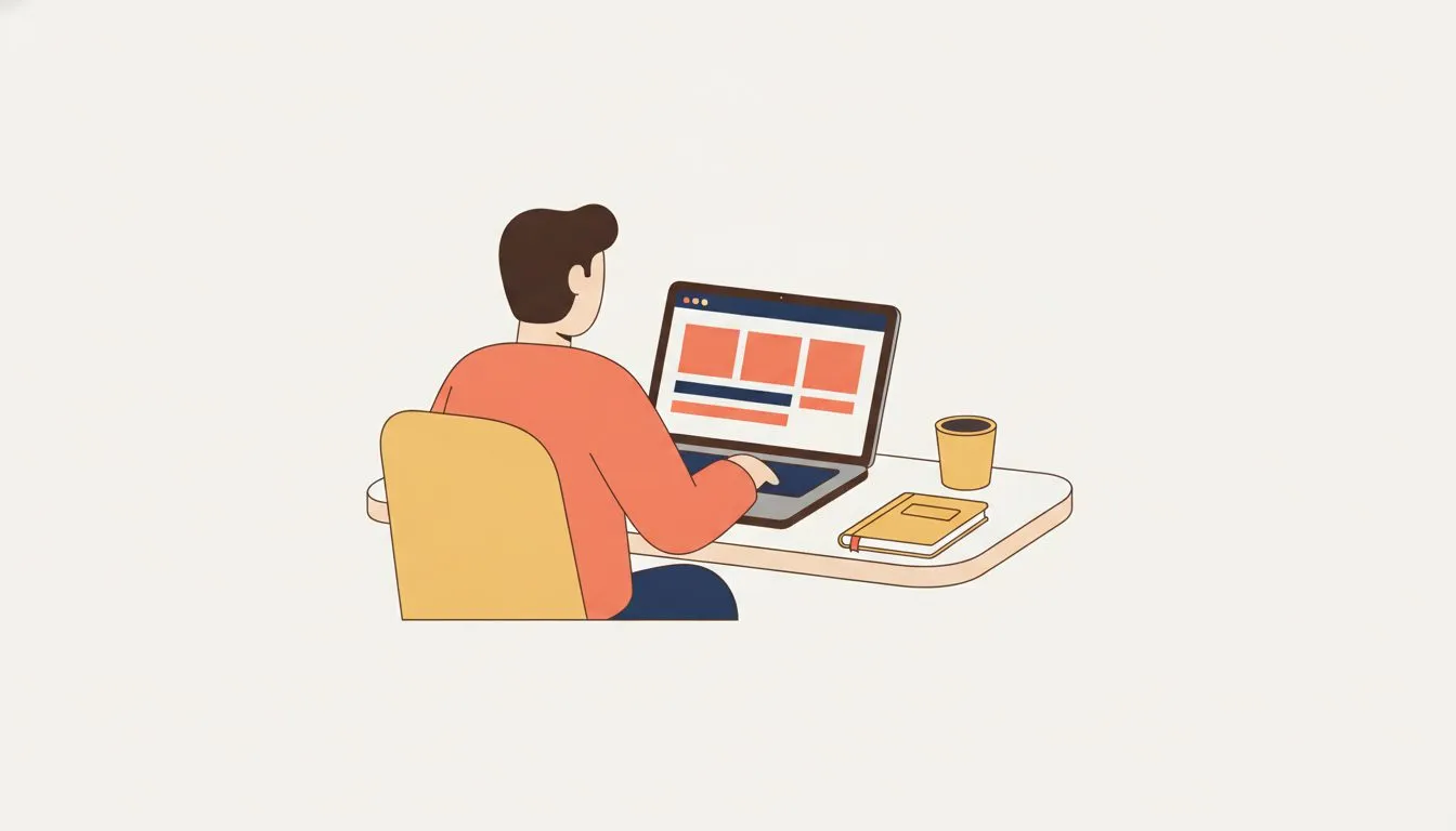 flat modern editorial vector illustration, a single figure at a small desk with a laptop showing a simple website with a few clear sections, a notebook and a cup beside it, calm and uncluttered, soft