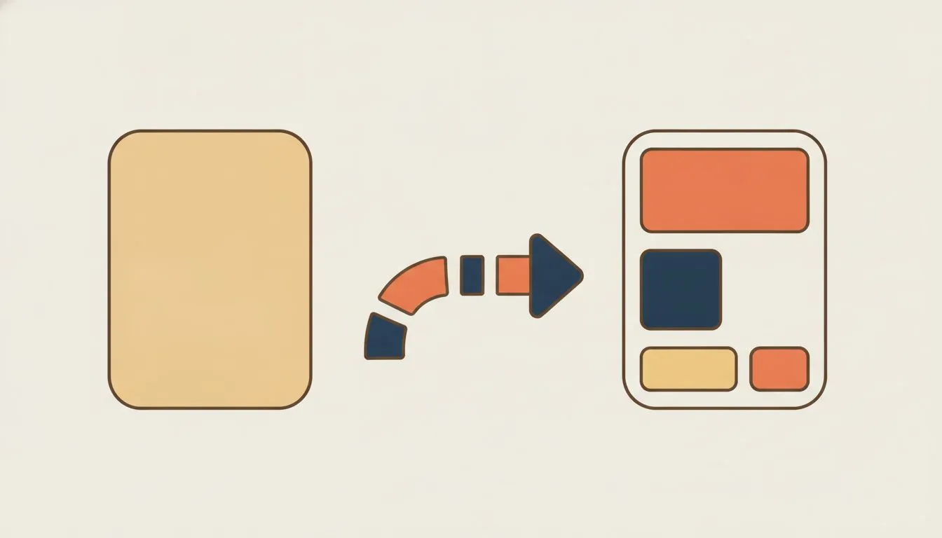 flat modern editorial vector illustration, a blank page shape on the left transforming into a simple structured page with a few clear blocks on the right, an arrow of movement between them, soft round