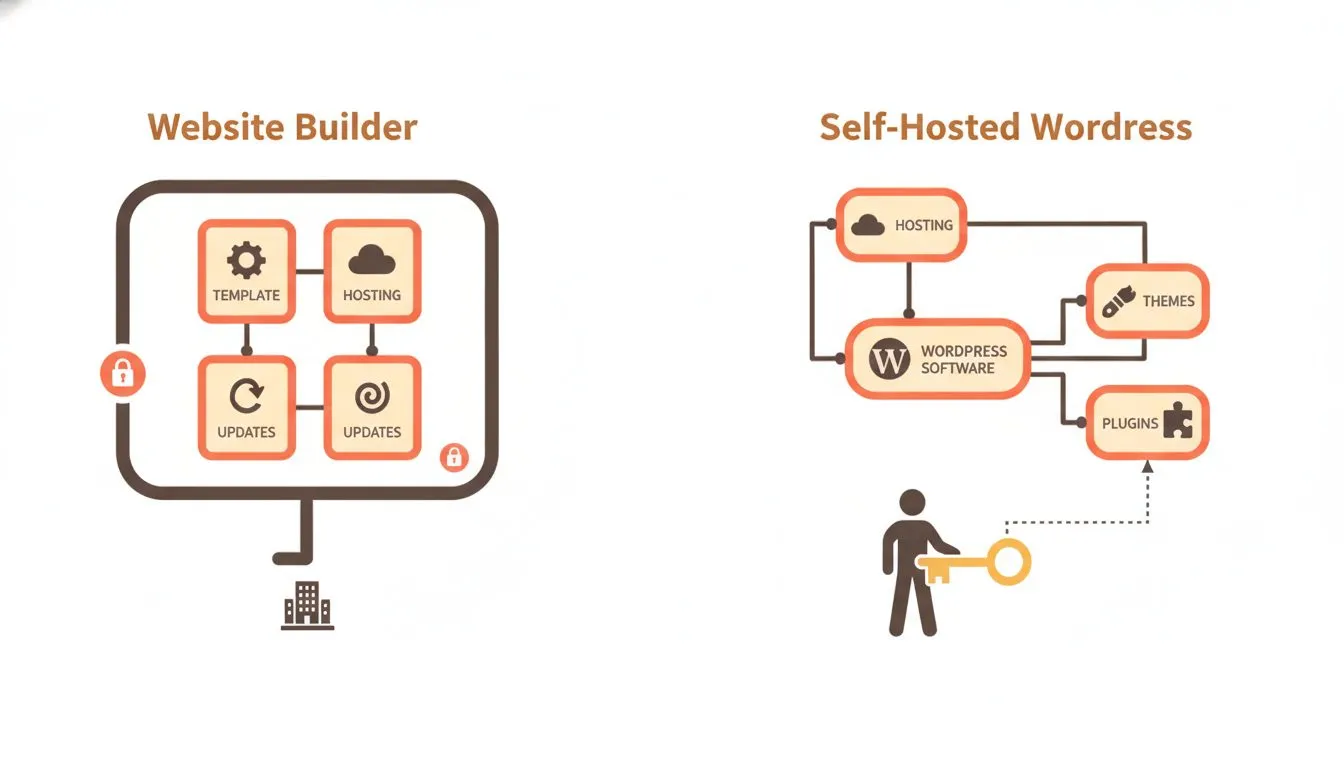 a side-by-side comparison diagram. Left side labeled 'Website builder' shows a single sealed box containing template, hosting, and updates all managed by the company. Right side labeled 'Self-hosted W