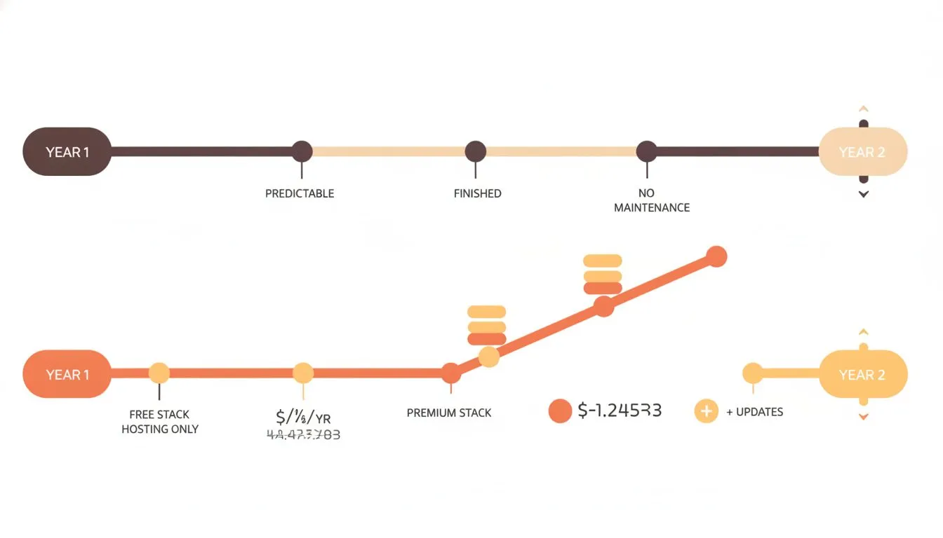 two timelines side by side spanning 'Year 1' to 'Year 2'. The 'Builder' timeline is flat and steady with a label 'predictable, finished, no maintenance'. The 'WordPress' timeline branches into two: on