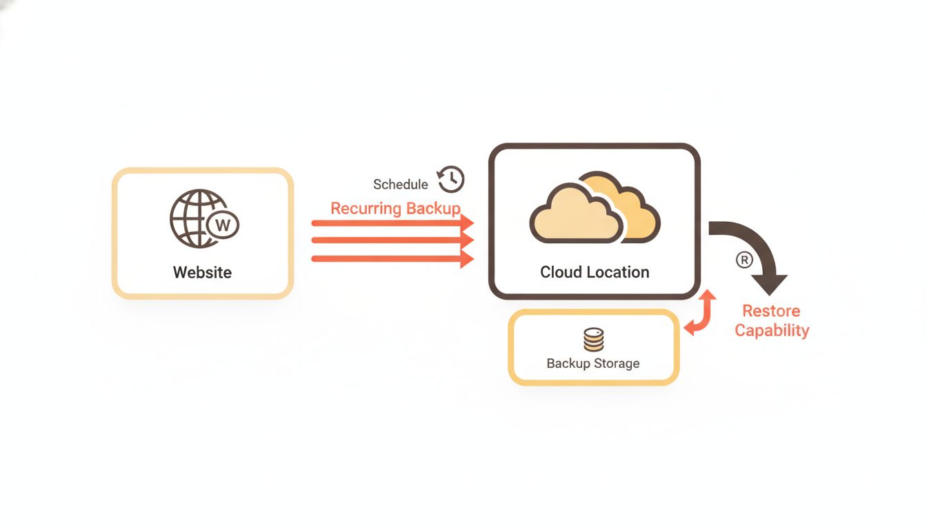 a simple diagram showing a website backing up to a separate cloud location on a recurring schedule, with arrows indicating restore capability