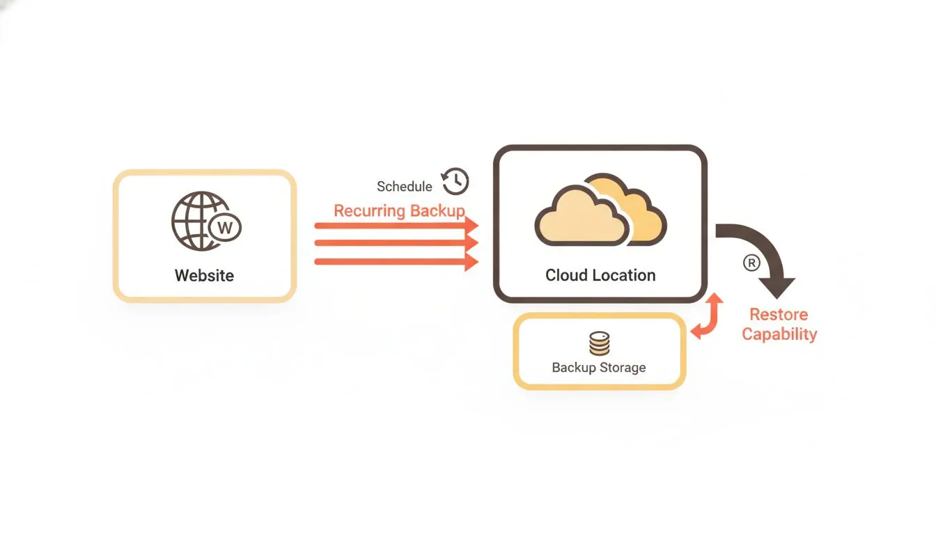 a simple diagram showing a website backing up to a separate cloud location on a recurring schedule, with arrows indicating restore capability