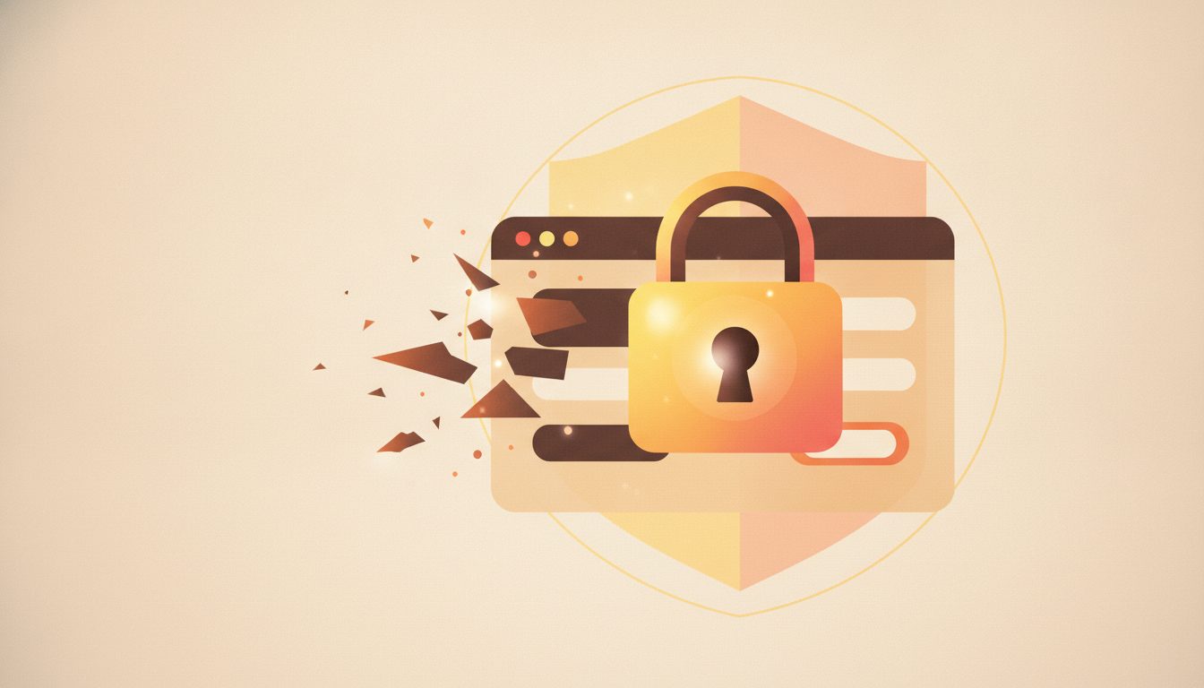 a clean conceptual illustration of a glowing padlock guarding a website login screen, with a digital shield protecting it from incoming threats