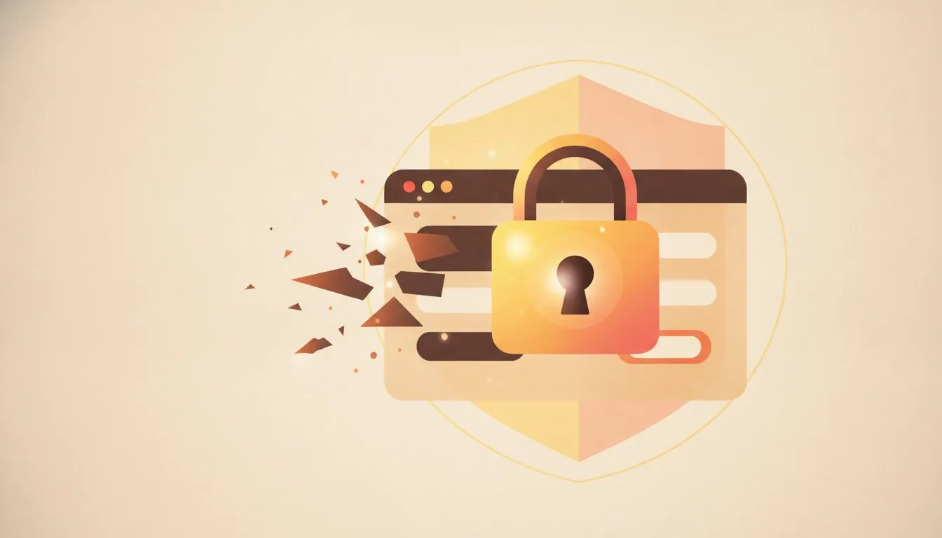 a clean conceptual illustration of a glowing padlock guarding a website login screen, with a digital shield protecting it from incoming threats