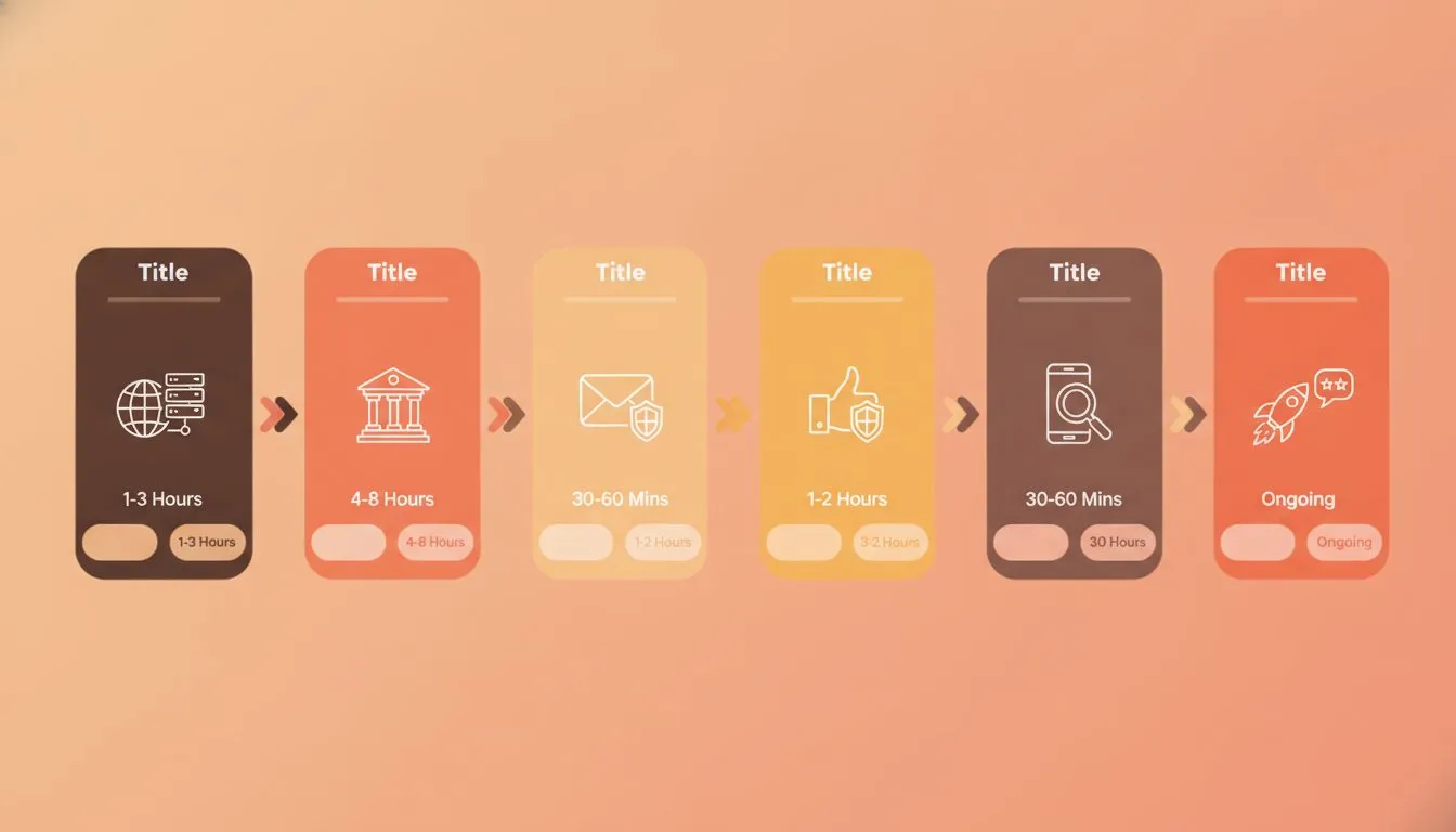 a horizontal timeline or checklist infographic with six milestone boxes labeled: 1 Choose domain & hosting, 2 Build core pages, 3 Set up secure email, 4 Add credentials & trust signals, 5 Test on mobi