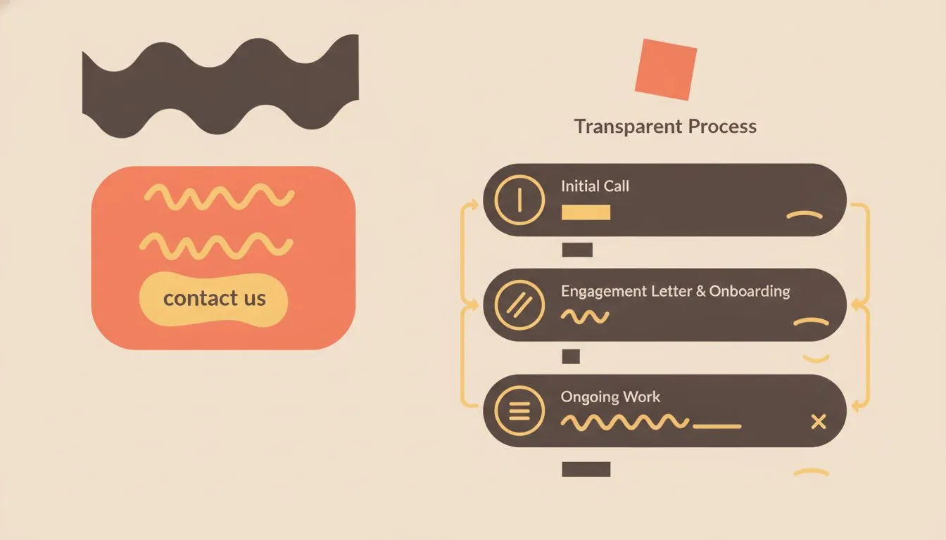 a two-column visual comparing a vague fee section ('Pricing varies — contact us') on the left with a transparent process section on the right showing three numbered steps: Initial Call, Engagement Let