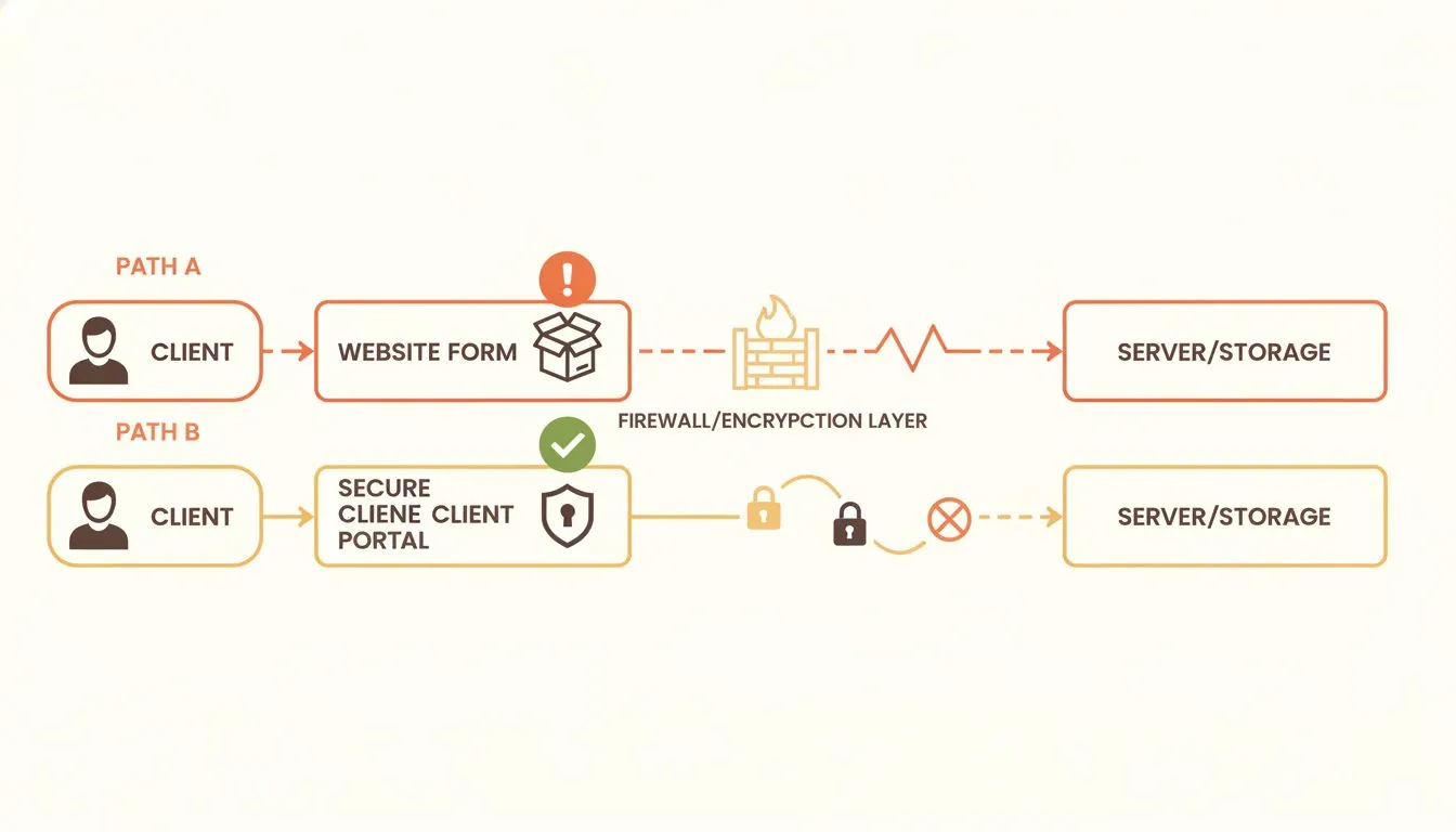a flow diagram contrasting two paths: Path A shows a client uploading a sensitive document directly to a website form (marked with a red warning icon), and Path B shows the same client using a dedicat