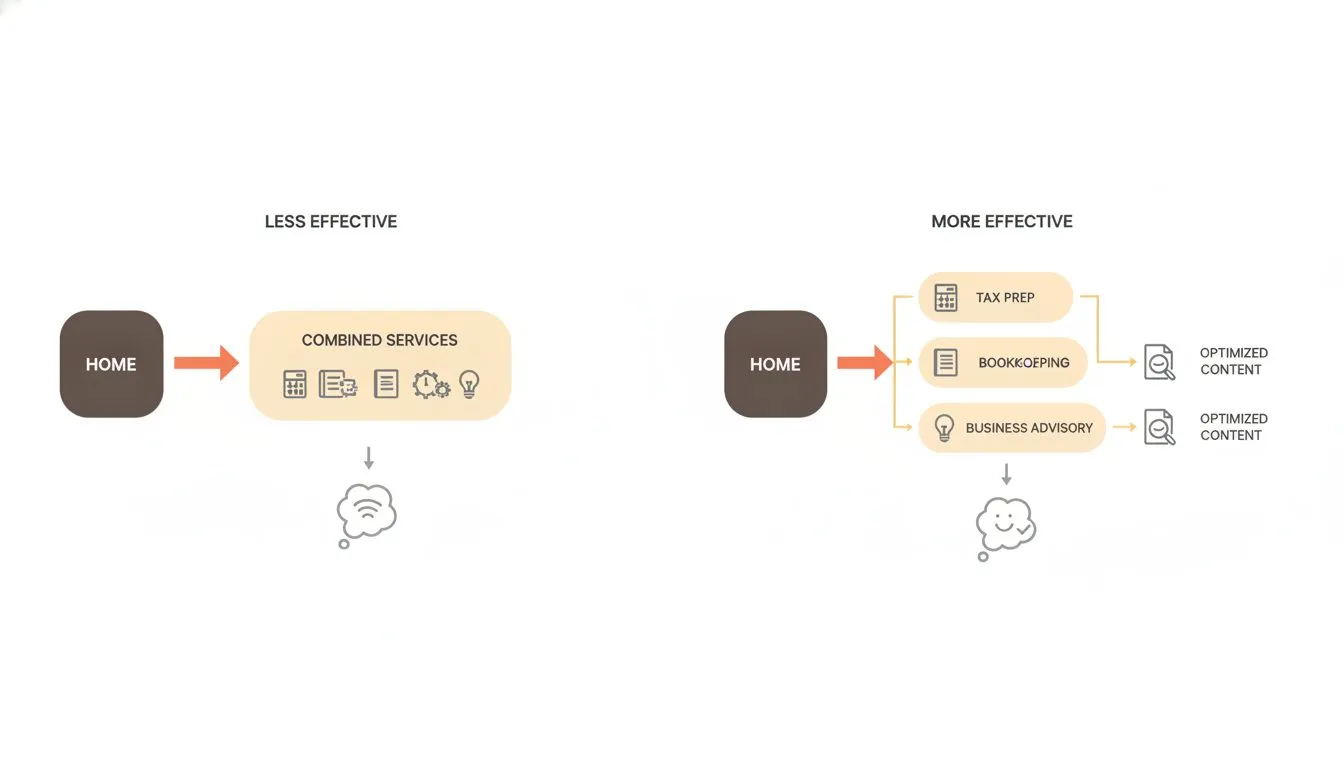 a simple site-map tree diagram showing a root 'Home' node branching into individual service pages (Tax Preparation, Bookkeeping, Payroll, Business Advisory), illustrating why one page per service beat