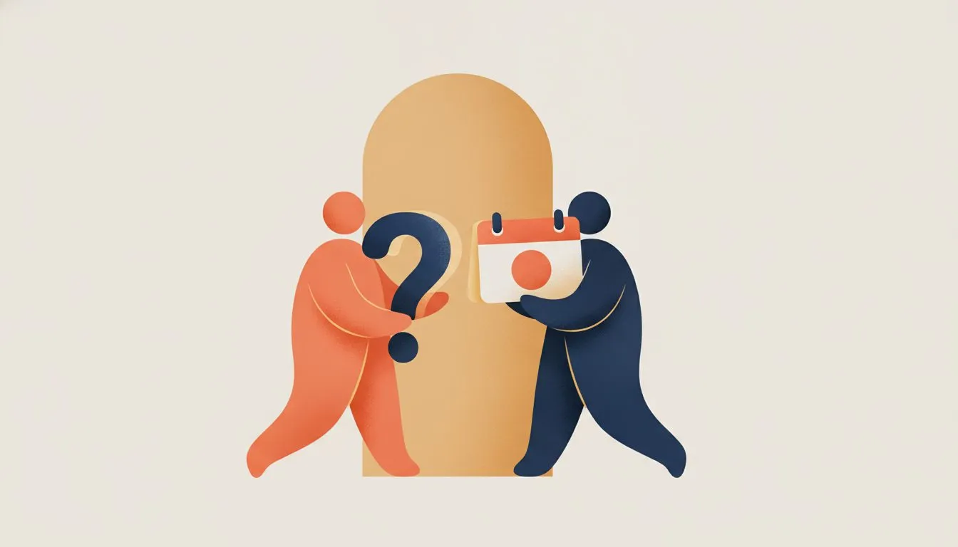 flat modern editorial vector illustration, two simple figures approaching the same doorway from different directions, one carrying a question mark shape and one carrying a calendar shape, soft rounded