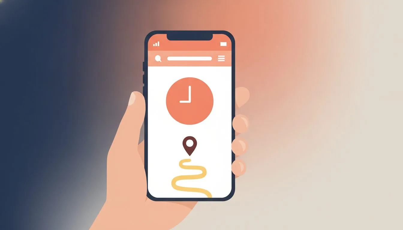 flat modern editorial vector illustration, a phone held in one hand showing a simple church website with a clear time and a map pin, evening setting suggested by soft dark background tones, soft round