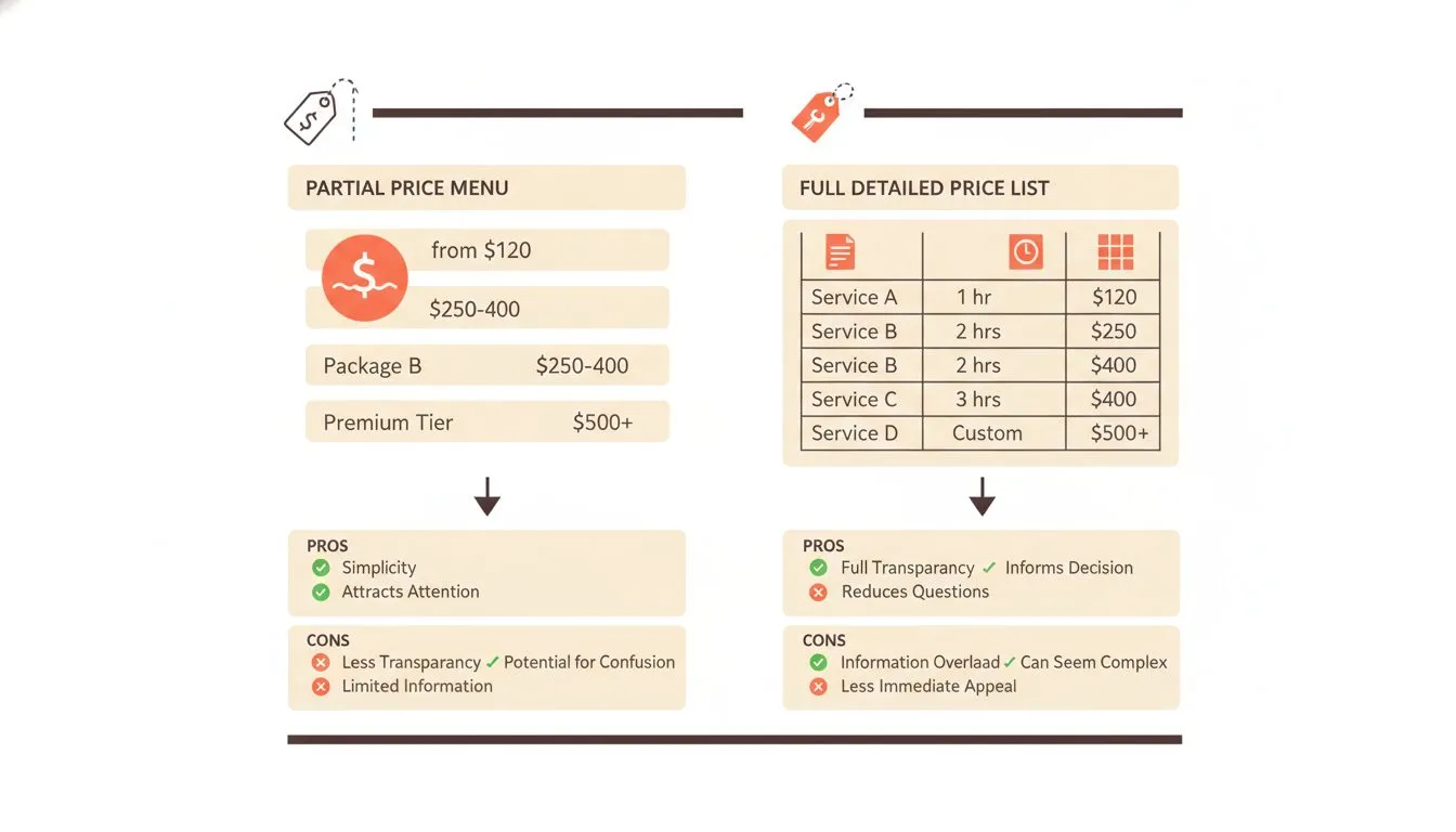 A comparison diagram with two columns: one showing a partial price menu with ranges (e.g. 'Highlights from $120') and one showing a full detailed price list, with pros and cons noted beneath each appr