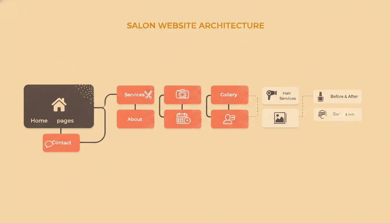 A site map diagram showing the core pages of a salon website (Home, Services, Gallery, Booking, About, Contact) as labeled boxes connected by lines, with optional secondary pages shown in a lighter st
