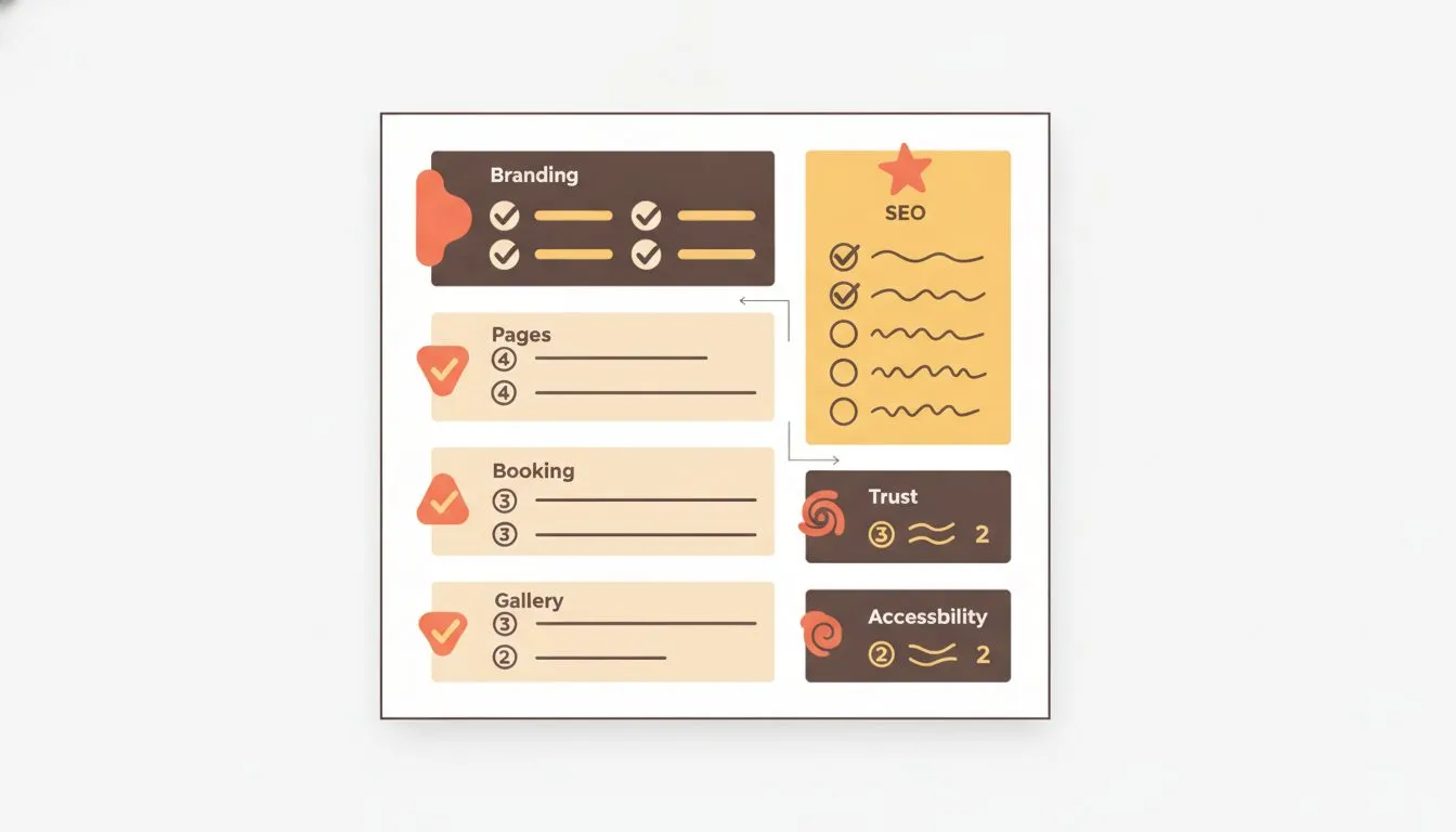 A structured checklist infographic organized into labeled sections (Branding, Pages, Booking, Gallery, SEO, Trust, Accessibility) with checkbox icons beside each item, designed as a single scannable r